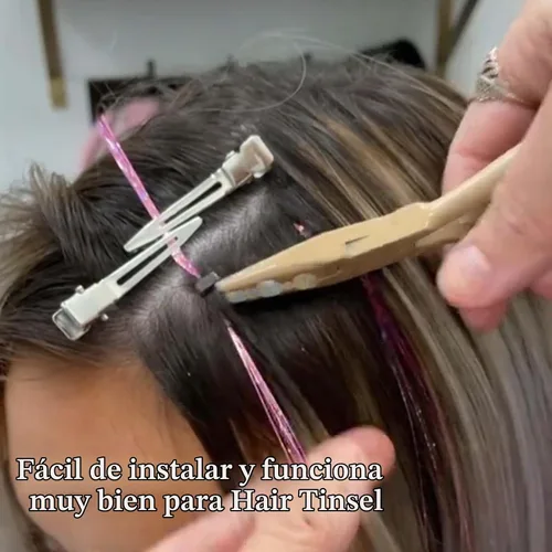 Vista 5 de Anillas de microenlace de 4 mm con forro de silicona, cuentas de oropel para extensiones de pelo, 300 unidades, color negro