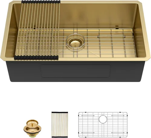 Vista 30 de Sarlai Gold Fregadero de Cocina Empotrado - Fregadero de Cocina de 28 Pulgadas Empotrado de Acero Inoxidable Dorado Tazón Individual de 28" x 19