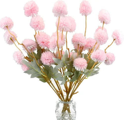 Vista 16 de Mandy's 6 tallos de seda beige Kiku flores de bola Tallos artificiales de crisantemo para decoración del hogar, verano, arreglo floral sintético