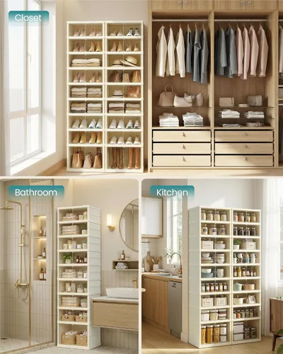 Vista 7 de SONGMICS Organizador plegable de almacenamiento de zapatos para armario, armario apilable para tenis con puerta magnética, contenedores grandes