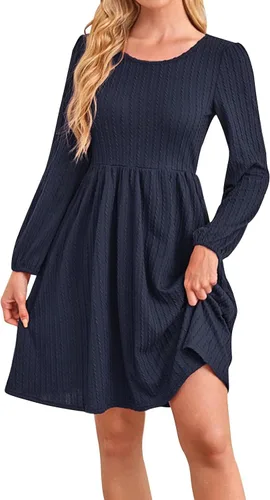 Vista 6 de Zaswen Vestido casual de punto para mujer, cuello redondo, manga larga, acampanado, vestidos de color sólido con bolsillos para primavera y otoño