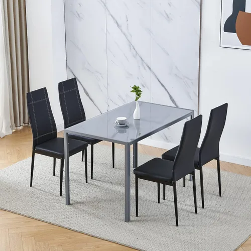 Vista 14 de Juego de 4 mesas de comedor y sillas negras modernas de 5 piezas para cocina pequeña, mesa rectangular de vidrio templado y 4 sillas de terciopelo