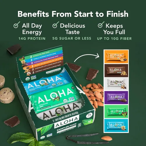 Vista 5 de ALOHA Barras de Proteína Orgánicas a Base de Plantas - Paquete de Variedad de 6 Sabores - 12 Unidades, Barras de 1.9oz - Aperitivos Veganos, Bajo