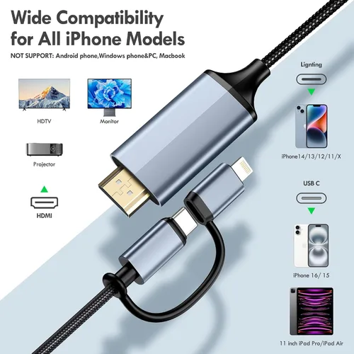 Vista 6 de lulaven Cable Lightning y tipo C a HDMI 2 en 1 [6 pies], cable HDMI para iPhone, interfaz dual para todos los iPhones (17/16/15/14/Pro/Max) y iPad