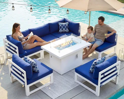 Vista 13 de BULEXYARD - Sofá modular de aluminio para exteriores con mesa para fogata, 7 piezas, color verde azulado