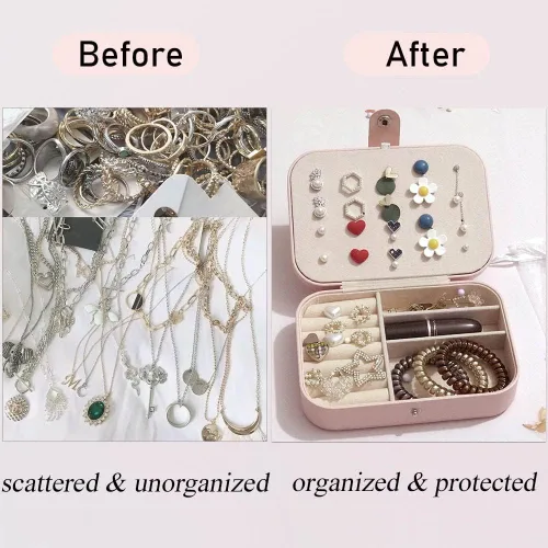 Vista 7 de LOIKMIUP Joyero de viaje joyero portátil de doble capa de piel sintética para anillos aretes collares pulseras cajas de almacenamiento organizadoras