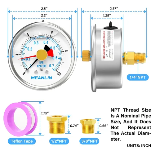 Vista 2 de MEANLIN MEASURE Manómetro de Presión de Acero Inoxidable 0~10 Psi 1/4" NPT Carátula de 2.5" con Puntero de Reinicio Relleno de Líquido WOG Agua