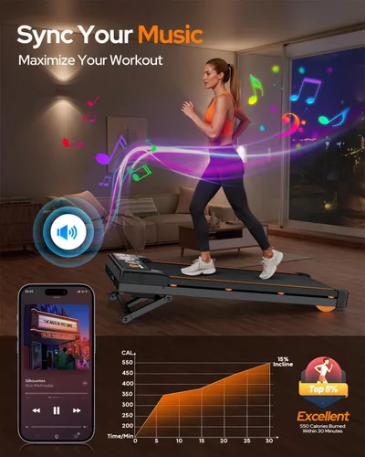 Vista 2 de Walking Pad Treadmill with 15% 12-Level Auto Incline, 450 lbs Capacity UI Screen, Trisomy 3.5HP Quiet Under Desk Treadmill with Speaker & Remote