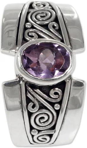 Vista 2 de NOVICA Anillo artesanal hecho a mano con amatista de plata de ley 925 con piedra natal púrpura de Indonesia 'Purple Karma