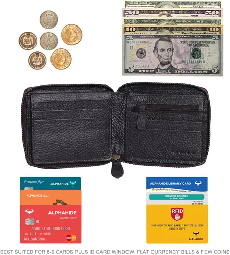 Vista 6 de Alphahide Cartera con bloqueo RFID para hombre piel de vaca auténtica con cremallera doble para padres