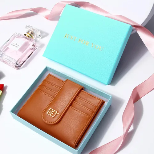 Vista 4 de Badiya Billeteras pequeñas para mujer, plegable, multitarjeta, delgada, tarjetero con cremallera, Marrón, Minimalista