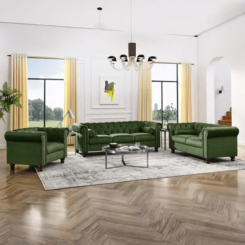 Vista 10 de Juego de 2 piezas Air Leather Chesterfield para sala de estar, sofá y silla Marrón