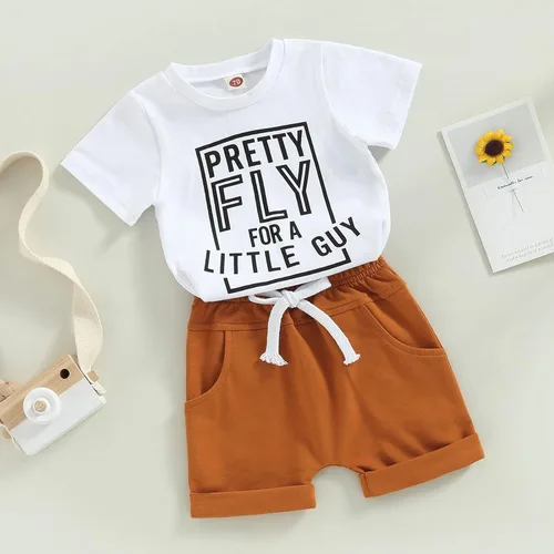 Vista 42 de Conjunto de traje de verano para bebé niño pequeño, manga corta, cuello redondo, letras impresas, lindo traje de verano, conjunto de 2 piezas
