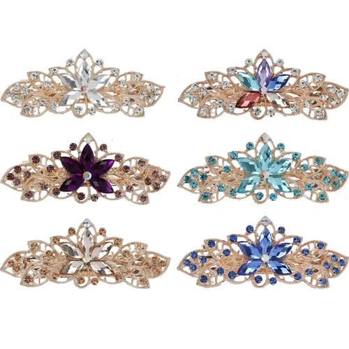 Vista 2 de Lawie Paquete de 6 pinzas para el cabello de metal con diamantes de imitación brillantes con diamantes de imitación de flores francesas, pinzas