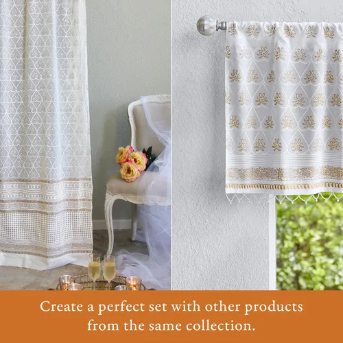 Vista 4 de Cortinas de algodón de media cocina para ventanas pequeñas, baño y café, estampado a mano en bloque, velo de novia blanco, diseño bohemio moderno