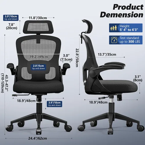Vista 2 de Silla de oficina ergonómica, silla de escritorio de respaldo alto con brazos abatibles, silla de computadora de malla de 300 libras