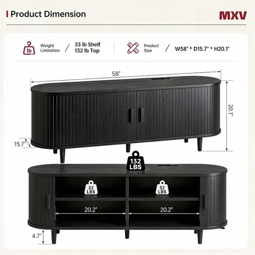 Vista 3 de MXV Soporte de TV moderno de mediados de siglo de 58 pulgadas con puertas correderas, consolas de TV con toma de corriente, centro