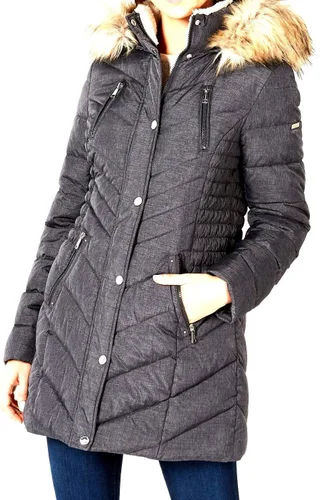 Vista 9 de Laundry by Shelli Segal womens Quilted Puffer Coat with Faux Fur-Trimmed Hood & Fit-and-Flare Waist Hueso