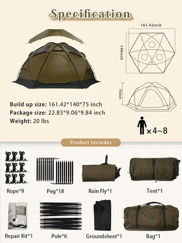 Vista 6 de TOMOUNT Tienda caliente de cúpula con estufa Jack 4 Persona Backpacking Carpa para 4 estaciones impermeable Glamping senderismo Marrón coyote