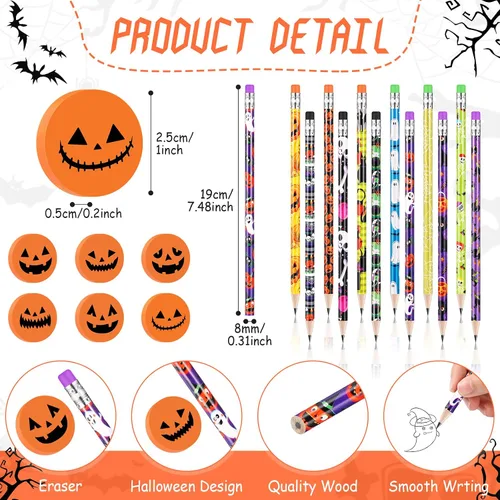 Vista 2 de Yexiya Juego de 48 lápices y borradores de Halloween, lindo lápiz de Halloween, mini borrador de calabaza de Halloween para niños, regalos