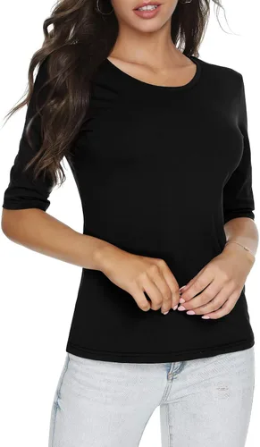 Vista 5 de Camiseta casual de media manga con cuello redondo para mujer, color liso, básica, ajustada, de algodón
