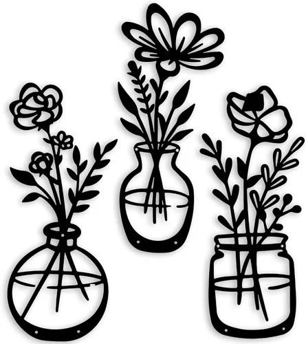 Vista 9 de Qzmaikoo 3 piezas de flores de metal negro para decoración de pared, jarrón, esculturas artísticas para colgar en interiores, cocina, baño, comedor