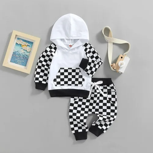 Vista 2 de Conjunto de 2 piezas de ropa de otoño e invierno con capucha a cuadros para niños y niñas