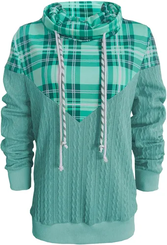 Vista 2 de Womens Texture Hooded Sweatshirt Plaid Patchwork Hoodie Long Sleeve Fashion Tops Cowl Neck Scuba Pullover Shirts