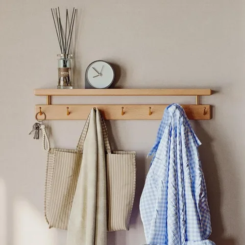Vista 8 de Ganchos de pared de madera maciza con estante, perchero de pared, estante colgante de entrada con 6 ganchos de latón para sombreros, ropa, toallas