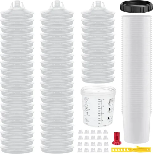 Vista 9 de Kit de vaso mezclador de pintura desechable para pistola de pintura automotriz, 10 piezas, 20 onzas, 10 forros, 10 tapas, 1 taza dura, 4 tapones