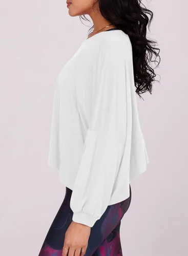 Vista 4 de Dokotoo Camiseta atlética suave de manga farol para mujer, camisetas de yoga ahuecadas para otoño, gimnasio, entrenamiento, espalda