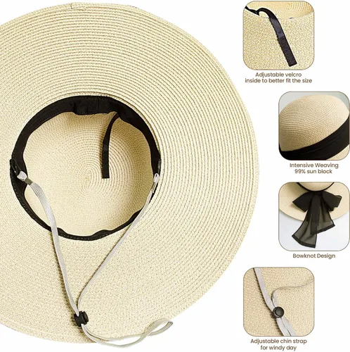 Vista 4 de Roniky Beach Sun Hat for Women Bow-Knot UV UPF 50+Travel Foldable Wide Brim Straw Hat