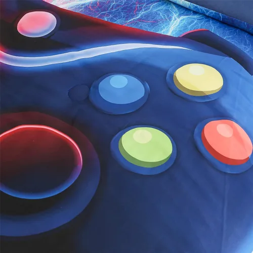 Vista 4 de Meeting Story Juego de ropa de cama con estampado de consola de videojuegos rojo y azul para niños, consola de juegos, botones de acción, colorido