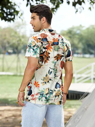 Vista 2 de Floerns Camisa de playa hawaiana de manga corta con botones para hombre