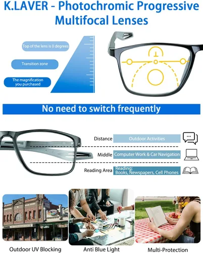 Vista 2 de K.LAVER Gafas de lectura fotocrómicas progresivas multifocales con bloqueo de luz azul, lentes de sol multifocales con bisagra de resorte