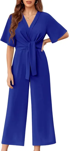 Vista 16 de GAMISOTE Enterizo de pierna ancha para mujer, manga corta, nudo frontal, overol largo de verano Beige