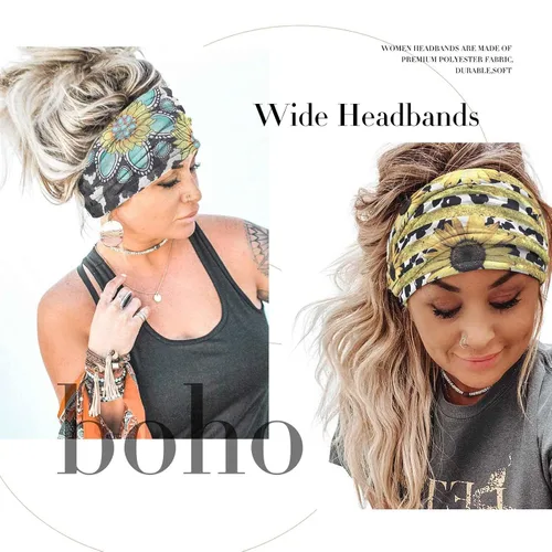 Vista 4 de Olbye Diademas anchas bohemias, bandas elásticas tipo turbante, antideslizantes, bandana floral, para entrenamiento, yoga, bufandas para el cabello