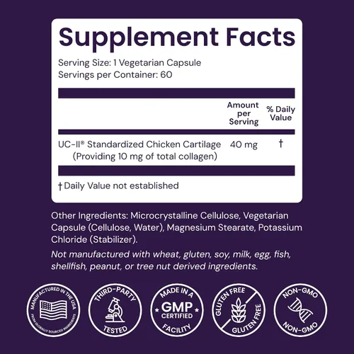Vista 3 de Healthy Origins UC-II 40 mg (colágeno tipo II no desnaturalizado, sin OMG, sin gluten, soporte para las articulaciones), 60 cápsulas vegetales