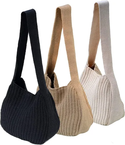 Vista 6 de Womens Knited Tote Bag Shoulder Hobo Crocheted Bag Aesthetic Cute Knit Accessory Handbag for Ladies Black White Brown