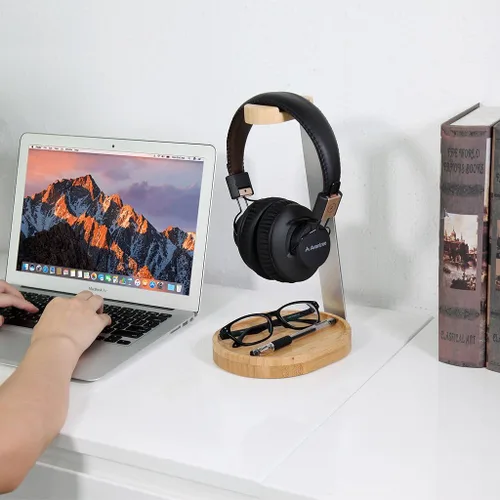 Vista 3 de Avantree TR902 - Soporte Universal de Auriculares de Madera y Aluminio con Soporte para Cables, Soporte de Mesa Robusto para Auriculares