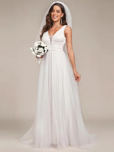 Vista 4 de Ever-Pretty Vestido maxi sin mangas con cuello en V doble encaje una línea de tul fruncido 0096A