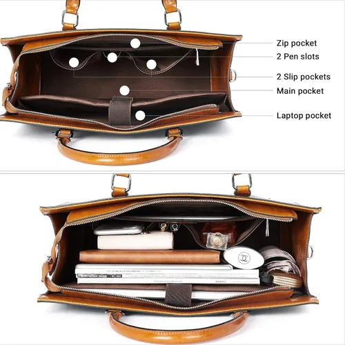 Vista 4 de BROMEN Maletín de cuero para mujer 15.6 pulgadas portátil bolso de hombro negro con marrón y mujeres cuero RFID blcoking cremallera cartera marrón