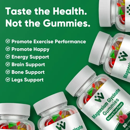 Vista 6 de Gomitas de glicinato de magnesio de 400 mg, gomitas de magnesio sin azúcar para niños y adultos con L-treonato, calcio y vitaminas B6+D3, 80