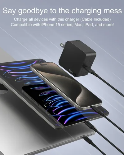 Vista 2 de Cargador USB C de 60 W de carga rápida, Nekteck GaN Tech PD 3.0 de carga rápida con enchufe plegable, compatible con MacBook Air/Pro, iPhone