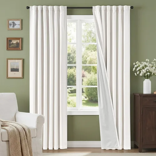 Vista 17 de Cortinas opacas completas de 63 pulgadas de largo para dormitorio, cortinas texturizadas de lino beige con forro con aislamiento térmico, cortinas