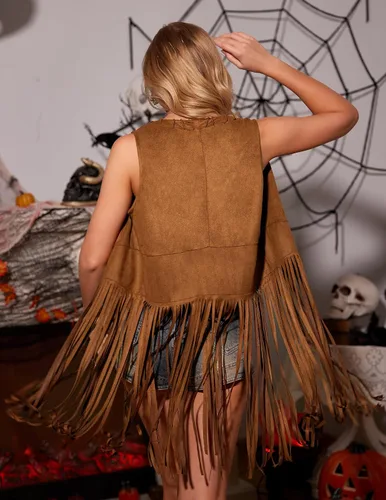 Vista 5 de HOTOUCH Women Fringe Vest 70s Hippie Costume Faux Suede Sleeveless Tassels Cardigan Cowgirl Western Tops