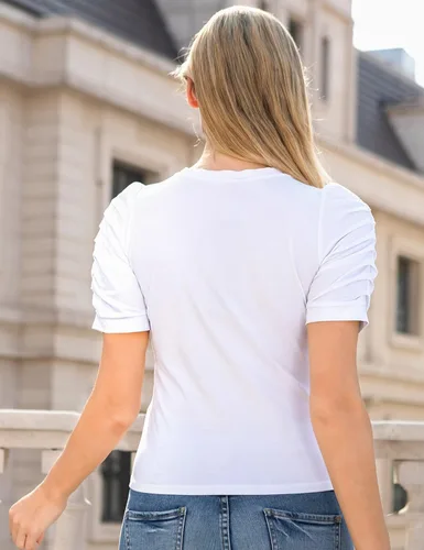 Vista 4 de SDEER - Camiseta básica de manga abombada para mujer, cuello redondo, manga corta, ajustada, blusas