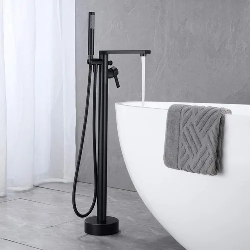 Vista 3 de Wowkk Grifo de bañera independiente Llenador de bañera Negro Montaje en piso Latón de una sola manija Grifos de baño con ducha de mano