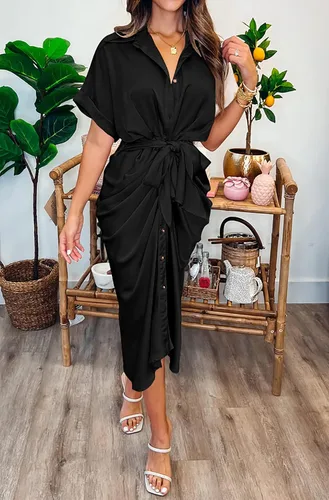Vista 3 de BTFBM Vestido camisero fruncido con botones para mujer, manga corta, con solapa, cuello en V, elegante, para fiesta, primavera, verano, maxivestido