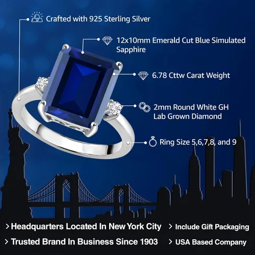 Vista 2 de Gem Stone King 5-7 Cttw Gemstone Birthstone and White Lab Grown Diamond 3-Stone Engagement Ring 925 Sterling Silver Center Emerald Cut 12X10MM